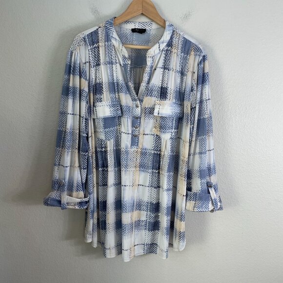 Cocomo Woman Plus 2X Plaid Tunic Top Roll Tab Sleeve Stretch Blouse Shirt - Picture 5 of 7